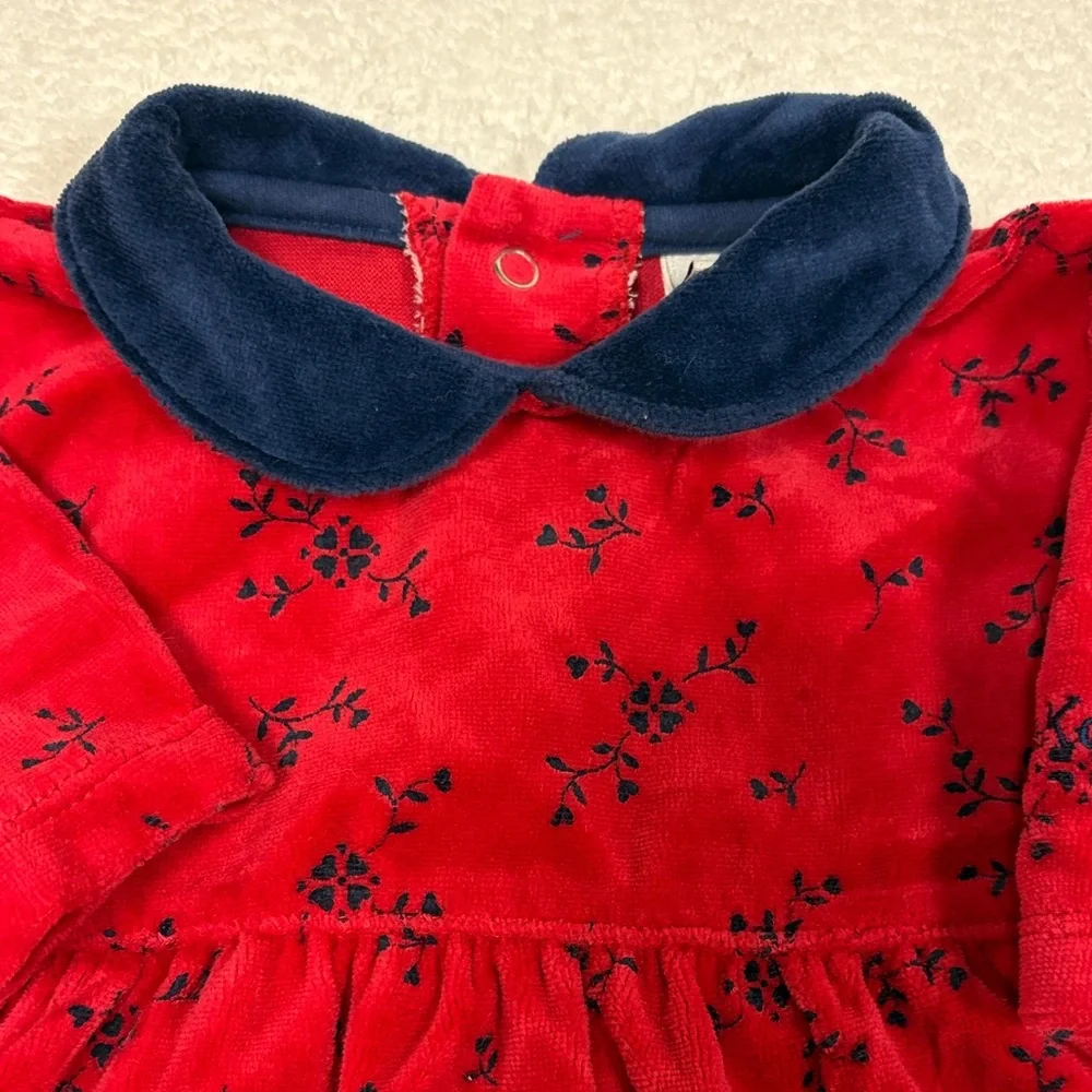 OshKosh B'gosh Red and Navy velour Floral One Piece vintage 0/3m